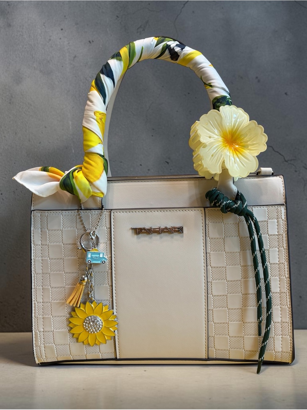 White Floral-Accent Satchel Bag